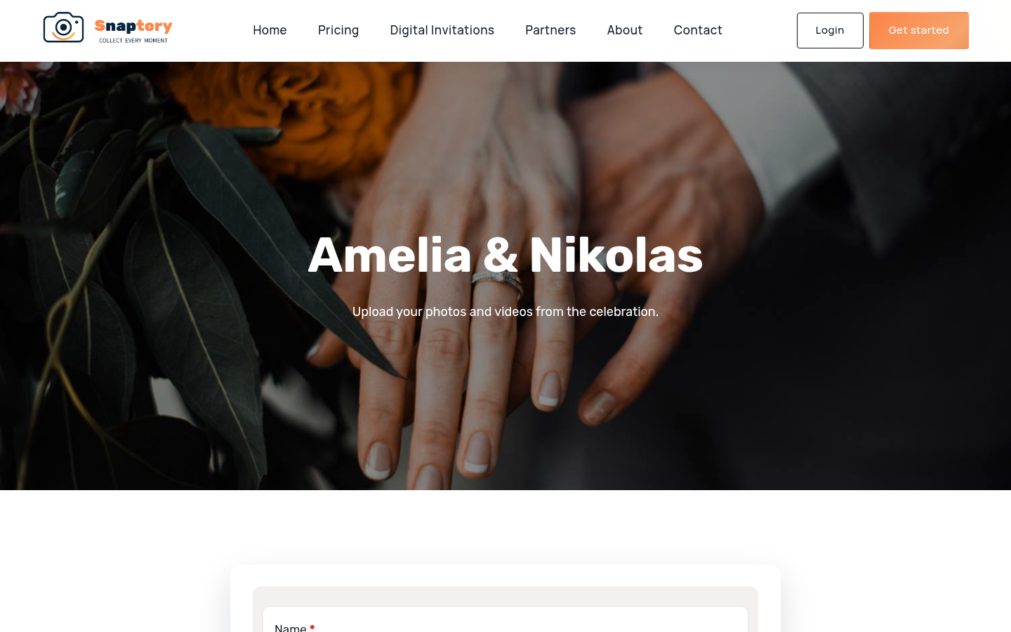 Snaptory guest wedding photo upload page